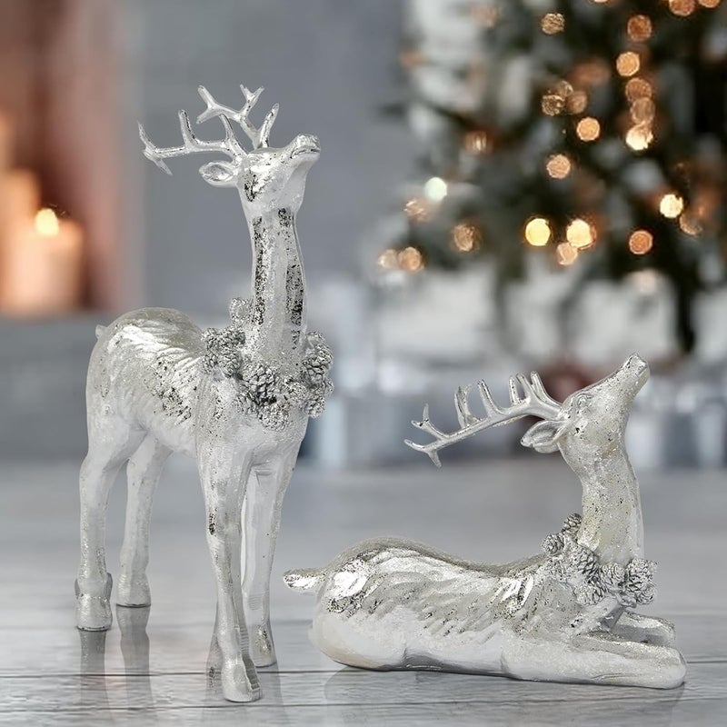 DN DECONATION Christmas Reindeer Figurines, Winter Deer Small Statues Decor, Silver Decorative Reindeer Sculptures, Resin Xmas Holiday Home Décor Accents for Office Living Room & Bedroom 2PCS - Image 2